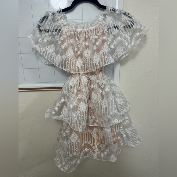 PrettyLittleThing White Lace Bardot Ruffle Tiered Dress - Picture 3 of 5